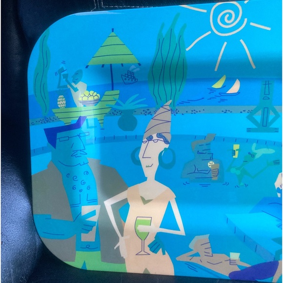 Home Turquoise Art Deco Beach Scene Heavy Duty Large Melamine Serving Platter - Picture 3 of 15